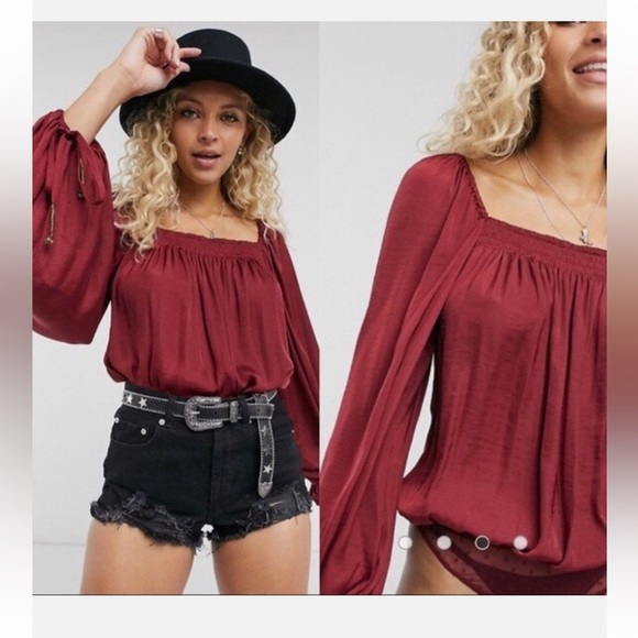 Intimately FREE PEOPLE Another Round bodysuit blouse smocked square neck wine Sm - Picture 14 of 16